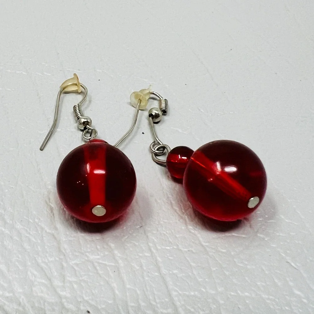 Red Translucent Earrings Double Glass Bead Dangle Drop‎ Silver Tone Hooks